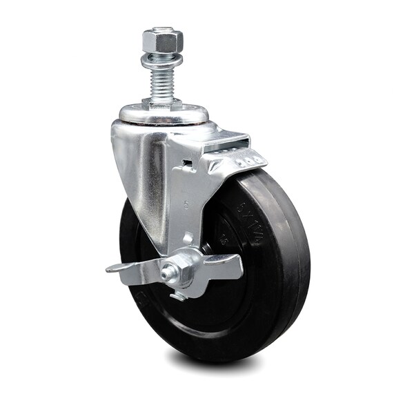 5 Inch Soft Rubber Wheel Swivel 1/2 Inch Threaded Stem Caster with Brake SCC